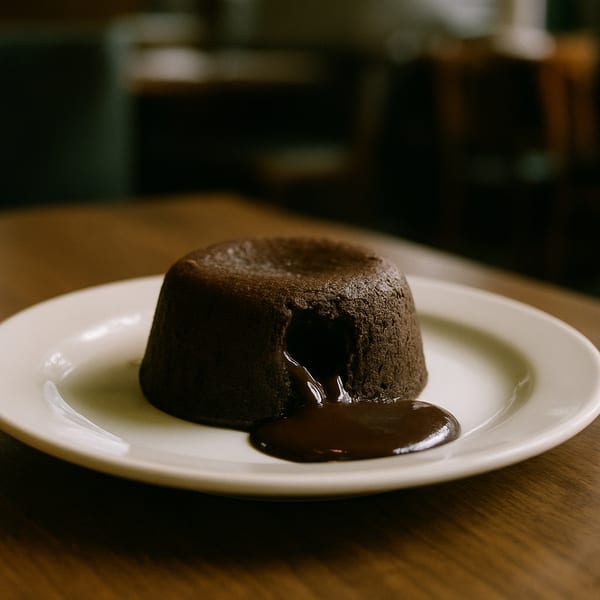 Decadent chocolate lava cake with rich, gooey chocolate flowing onto a white plate at Oscar's Fine Food.