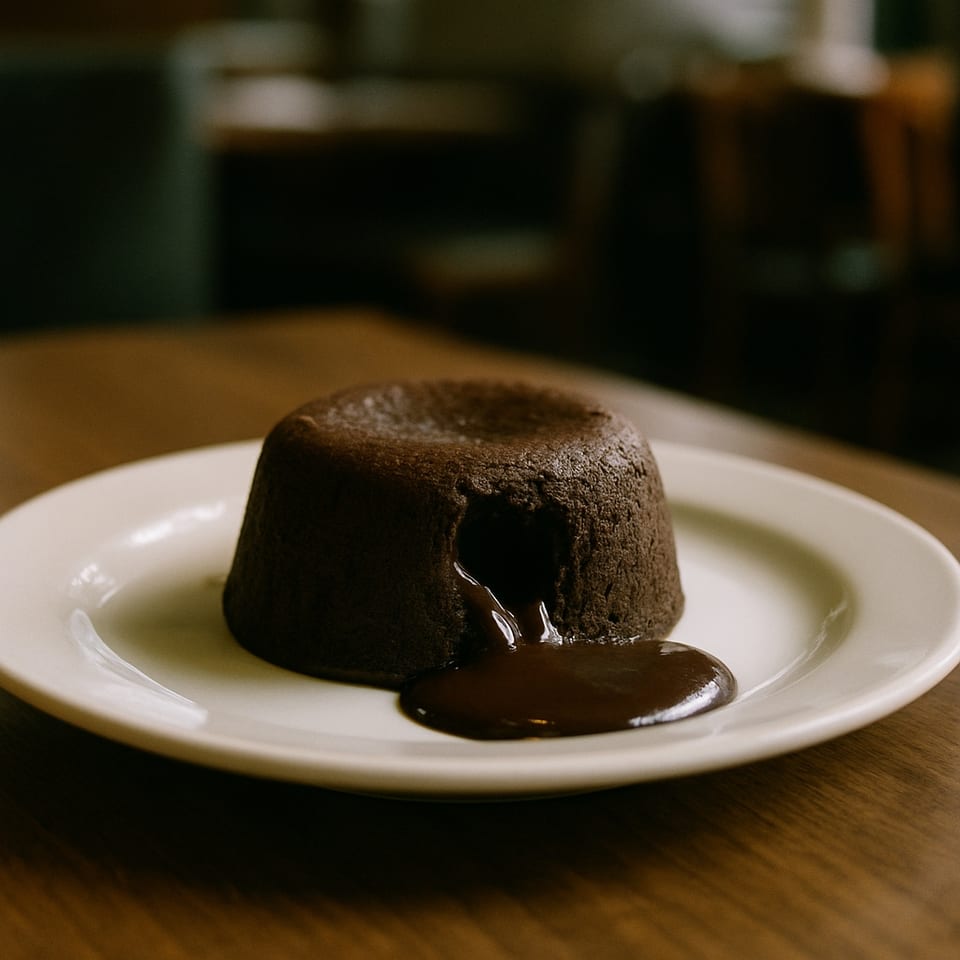 Decadent chocolate lava cake with rich, gooey chocolate flowing onto a white plate at Oscar's Fine Food.