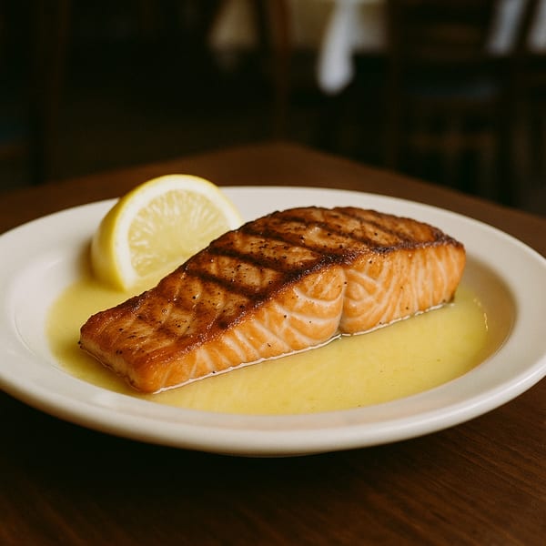 Grilled salmon fillet with grill marks, served in a pool of butter sauce with a lemon wedge.