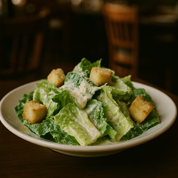 A fresh Caesar salad with crisp romaine lettuce, creamy dressing, and golden croutons in a white bowl.