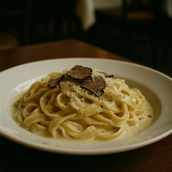 Creamy pasta dish topped with shaved black truffles and grated cheese on a white plate.