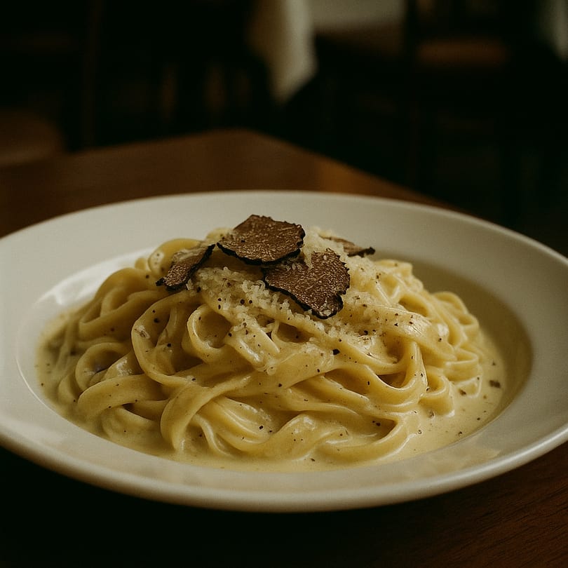 Creamy pasta dish topped with shaved black truffles and grated cheese on a white plate.