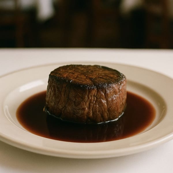 A perfectly seared filet mignon steak swimming in a rich brown sauce on a white plate.