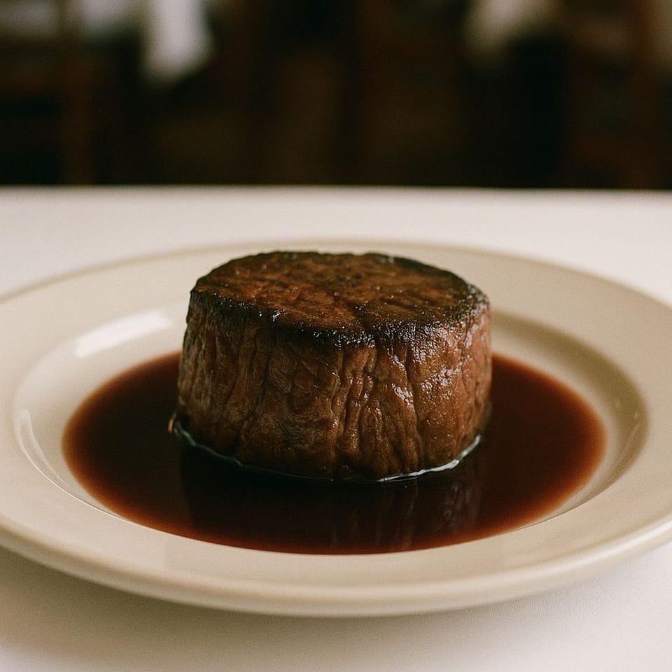 A perfectly seared filet mignon steak swimming in a rich brown sauce on a white plate.